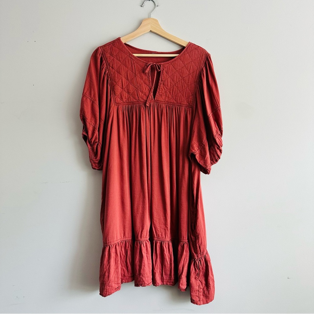 High-Low Rust Red Peasant Dress with Tie Neck